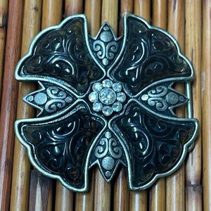 FANCY VINTAGE CARVED SMOKY ACRYLIC CARVED PEWTER METAL CRYSTALS BELT BUCKLE